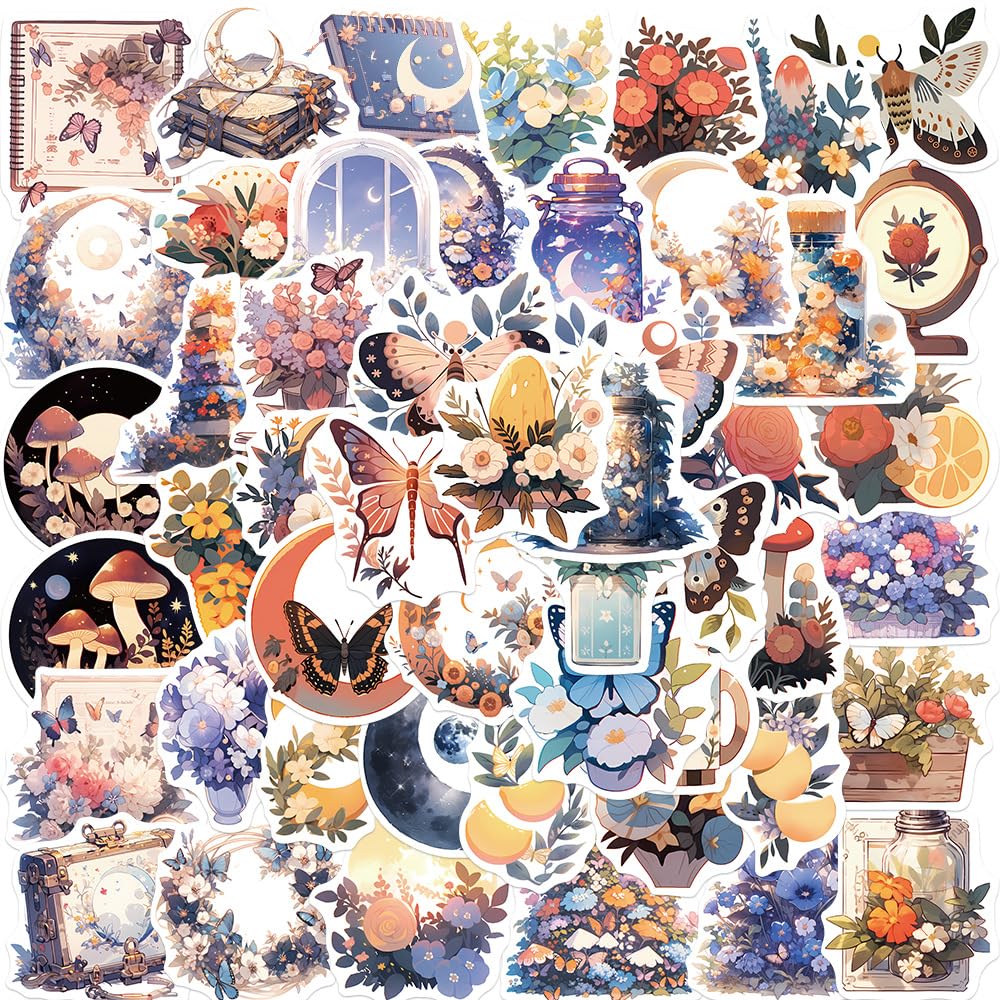 Yoksas Nature Flower Moon Stickers   50Pcs Vinyl Aesthetics Forest Plants Stickers For Water Bottles,Laptops,Scrapbooks,Journals